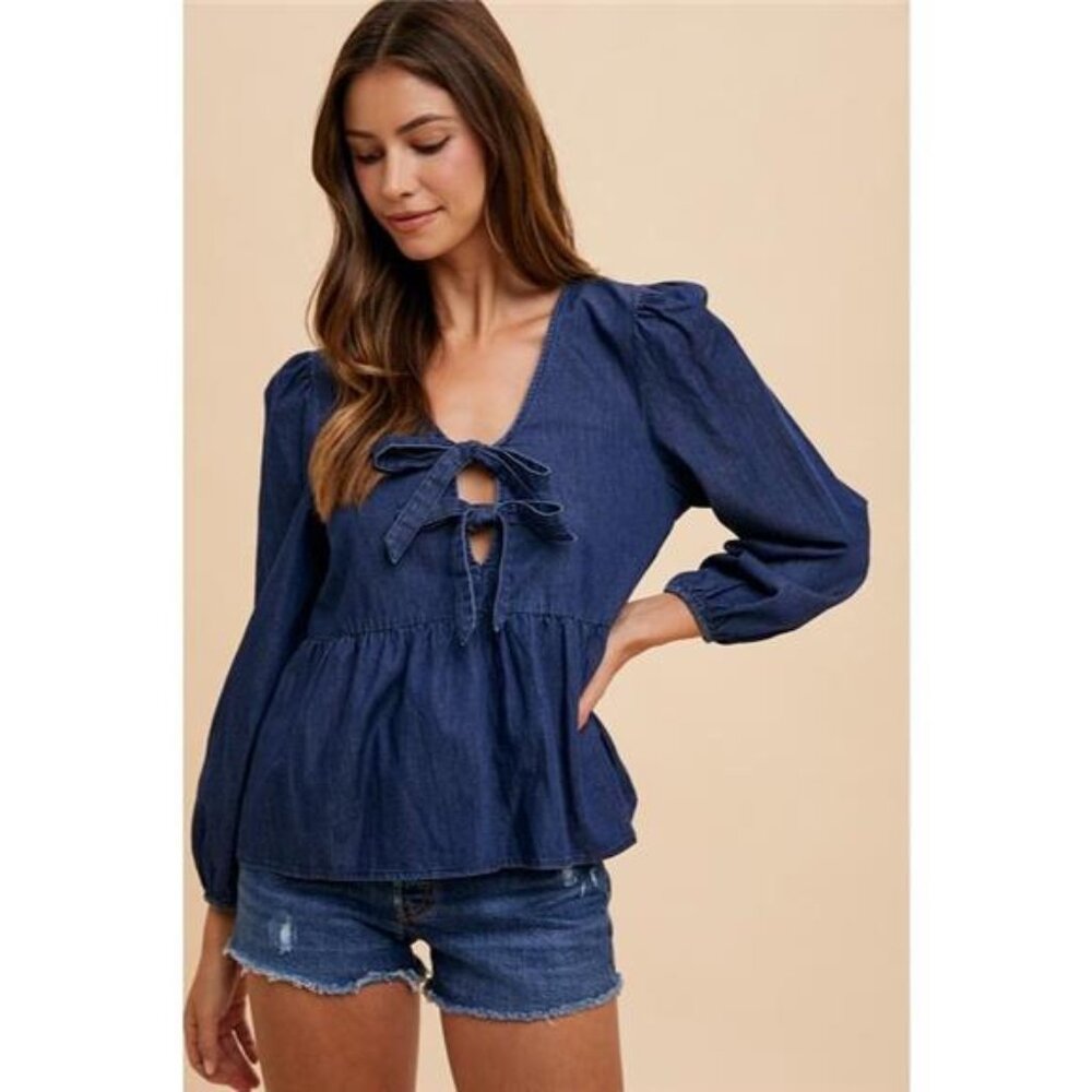 Annie Wear Tie Front Peplum‎ Long Sleeve Denim Top